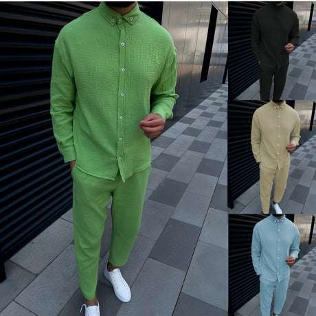 European And American Autumn Men's Wrinkle Bubble Casual Suit Long Sleeve Tooling Trousers - Lootquake