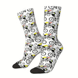 1 Pair of Vibrant Geometric-Patterned Mens Crew Socks - Breathable, Comfy, Casual, Unisex for Outdoor Wearing All Seasons - Soft Polyester Knit Fabric, Novelty Design for Fashion-Forward Guys