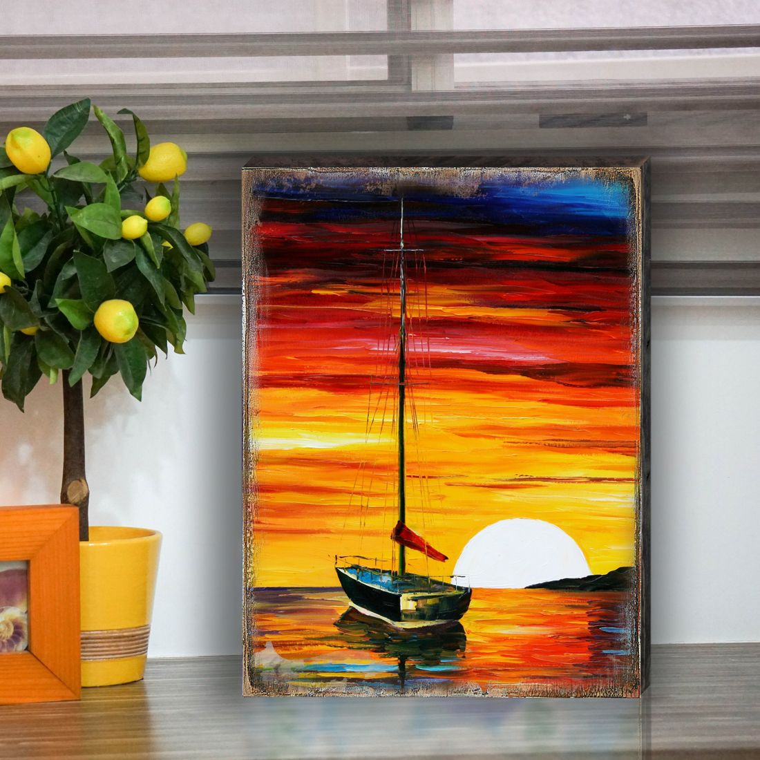 Arte mural costero de madera con atardecer en velero Alberty de Nature Wonders - Decoración costera de vida marina - 95323B