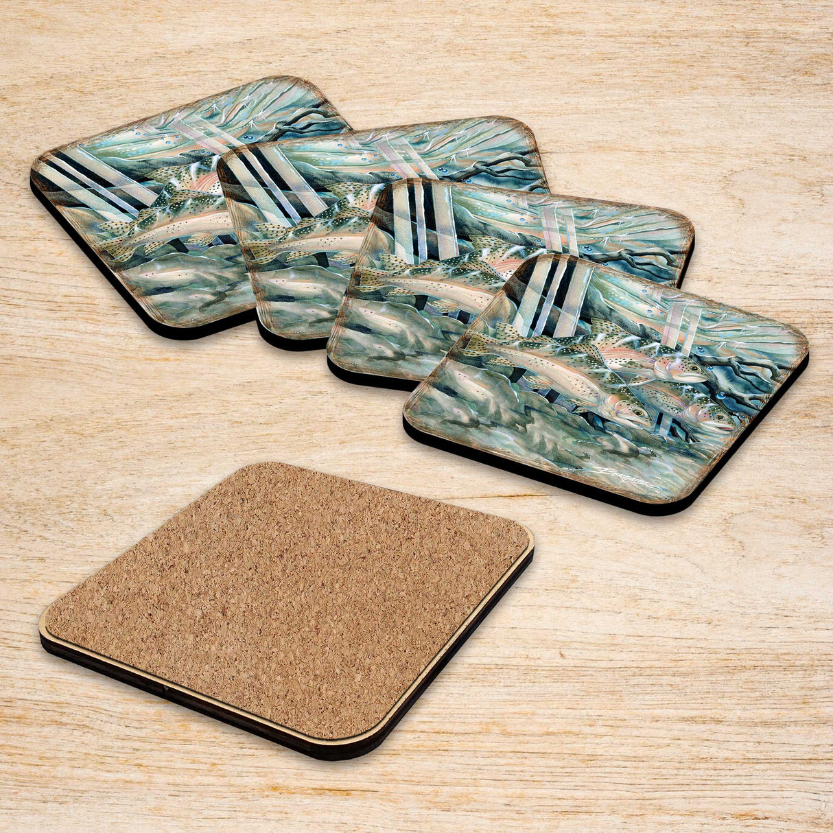 Catch the Rainbow Trout Wooden Cork Coasters Gift Set of 4 by J. Bergsma - Coastal Wildlife Decor  - 8199463C-S4