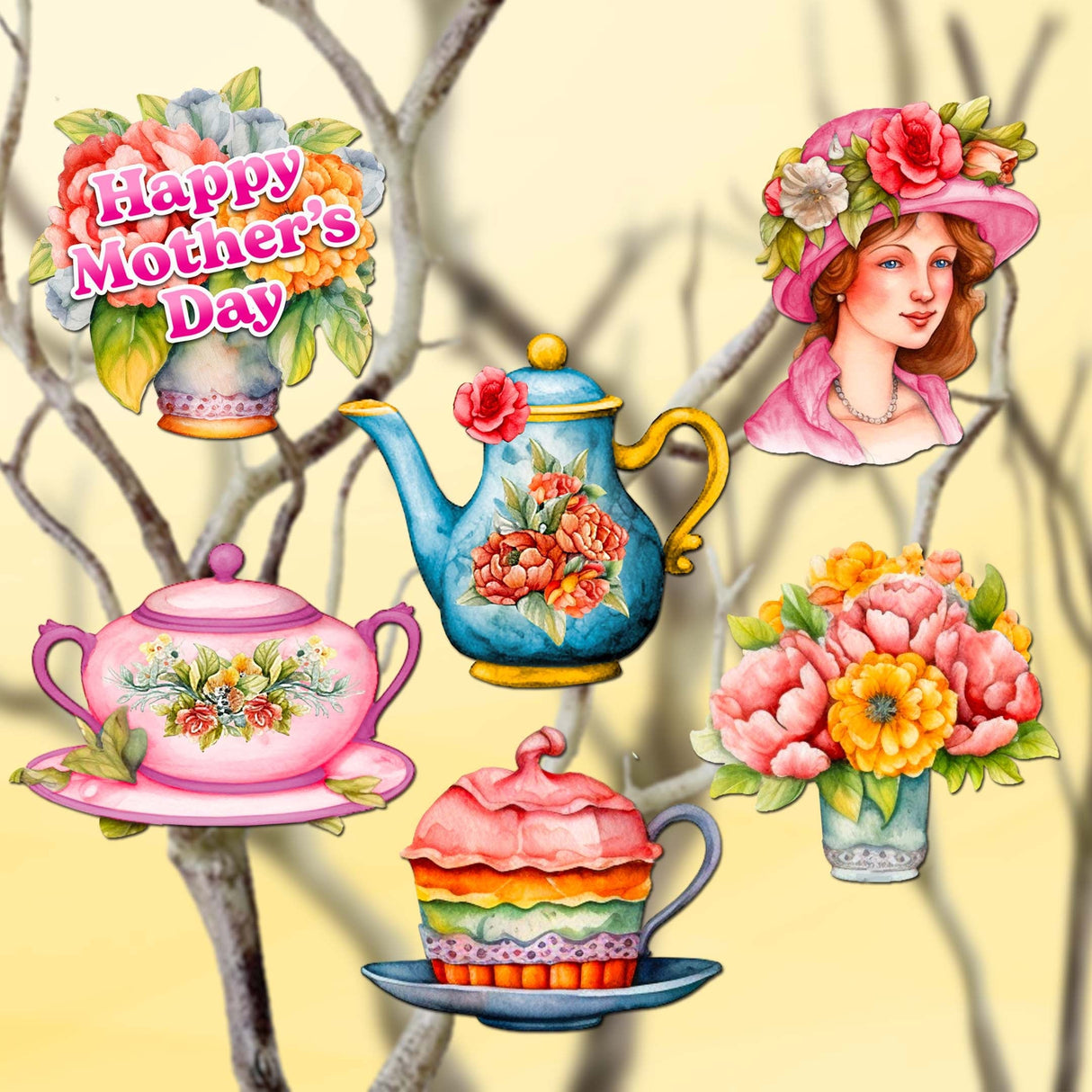 Juego de 6 adornos decorativos de madera con clip para el Día de la Madre de G. Debrekht - Love Family Decor - 8090059C-S6