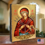 Virgin Mary of the Seven Swords Wooden Gold Plated Religious Christian Sacred Icon - Inspirational Icon Decor - 85037
