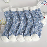 5 calcetines de punto cómodos con estampado de flores de dibujos animados, transpirables y suaves para exteriores.