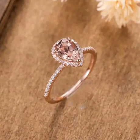 European And American 18K Rose Gold Plated Inlaid Pink Crystal Water Drop Pear-shaped Ring - Lootquake