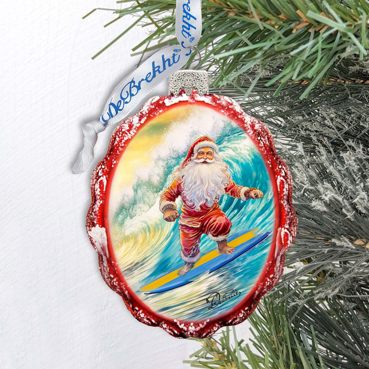 Coastal Christmas Ornaments  Santa on the Surfboard Keepsake Glass Ornaments by G. Debrekht - Coastal Holiday Decor - 777392