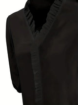 Pure Color Ruffle Hemline Shirt, Casual V-neck Long Sleeve Shirt. - Lootquake