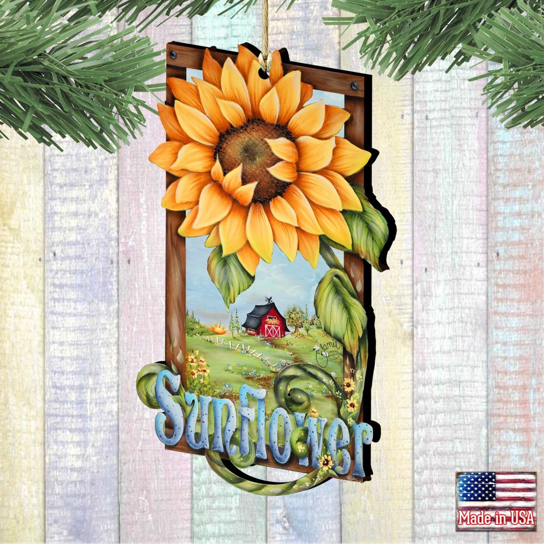 Adornos de madera de granjas de girasoles de Jamie Mills-Price - Decoración de primavera para Pascua - 8457701