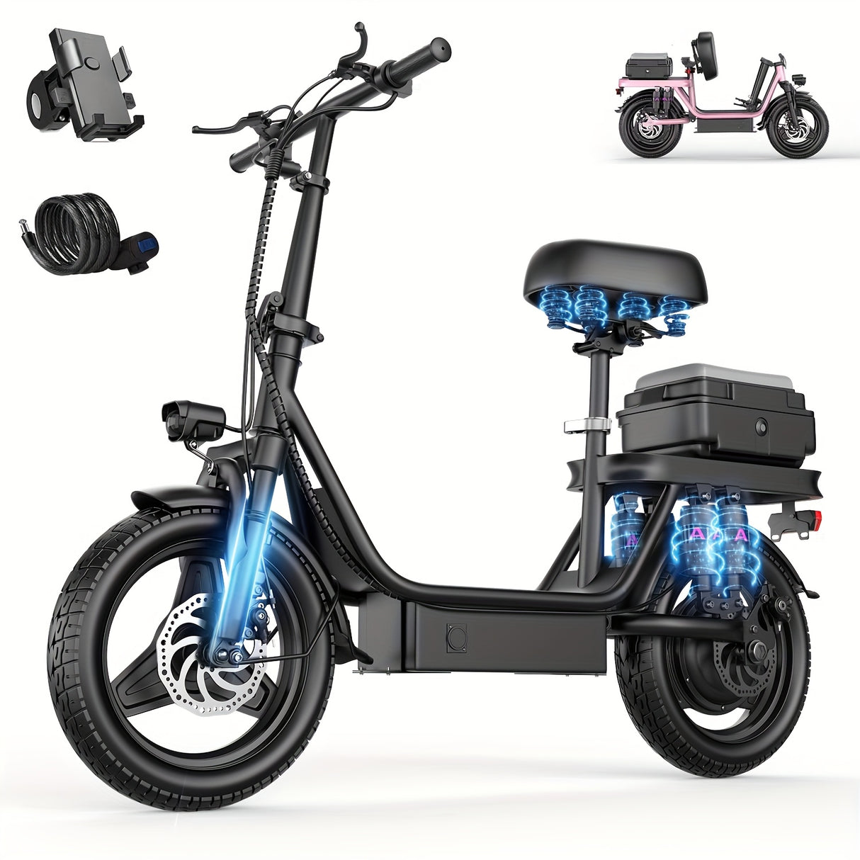 Trottinette électrique pour adultes, avec siège, moteur 740 W, autonomie jusqu'à 32 km/h, batterie 48 V 56,4 V 15 Ah, pneu 14 pouces, avec boîte arrière.