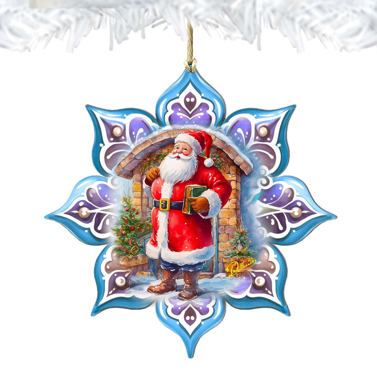 Santa with Book Snowflake Wooden Ornaments by G. Debrekht - Christmas Santa Snowman Decor - 8688420