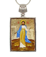Jesus Religious Jewelry Silver Plated Necklace, Gold-Plated Wooden Cabochon - Christian Sacred Icon - Inspirational Icon Decor - 43051R