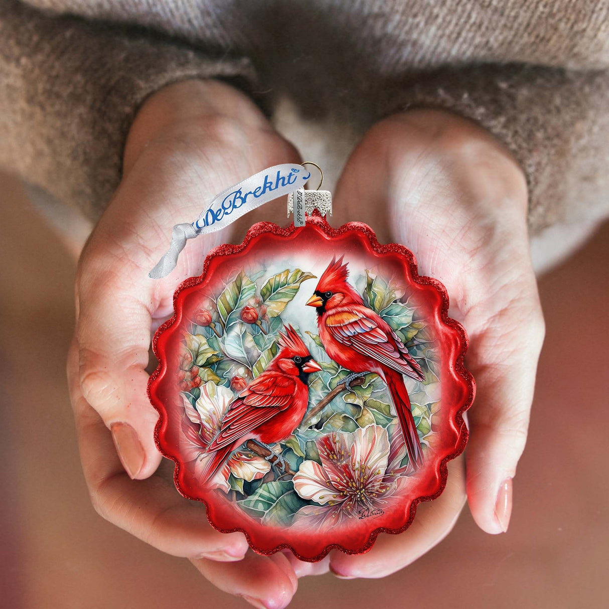 Cardinals Wreath Glass Ornament by G. Debrekht - Wildlife Holiday Decor - 759-052