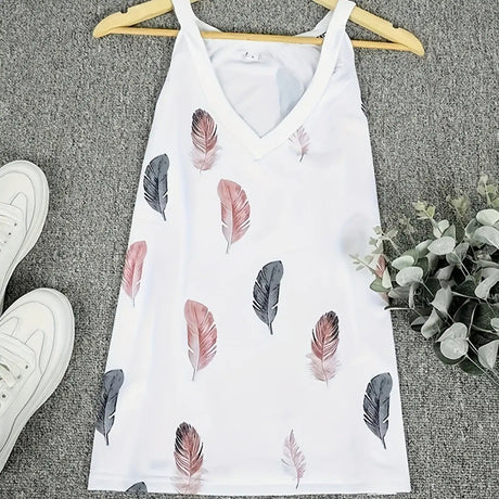 Ladies' V-neck Feather Print Fashionable Versatile Casual Camisole Vest - Lootquake