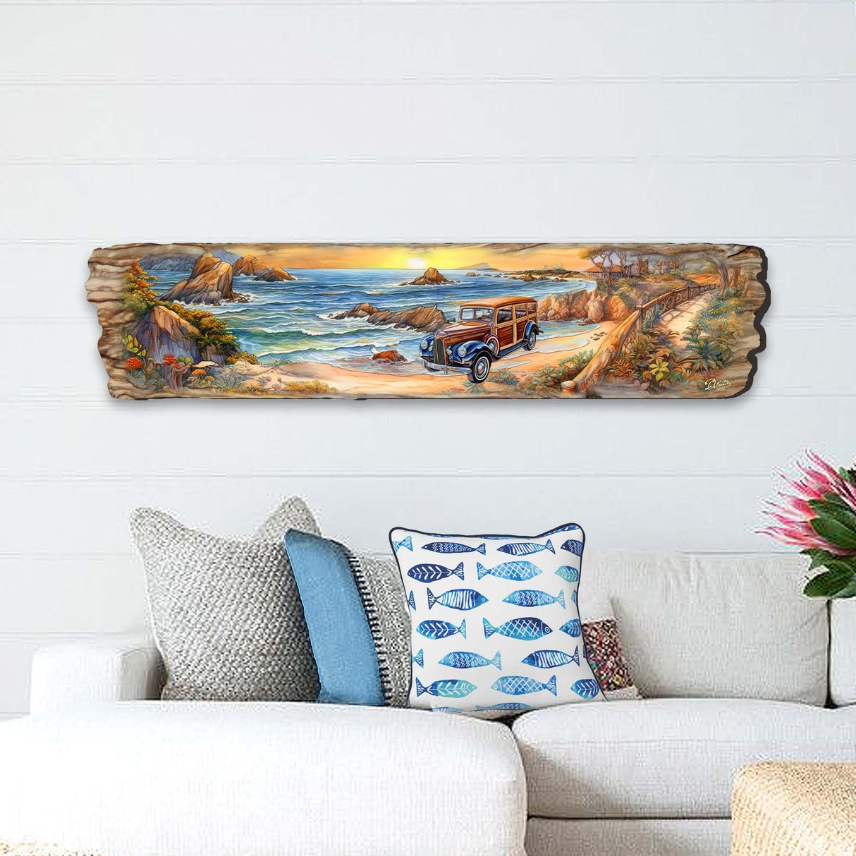 Arte mural de madera con coche retro en la playa de G. DeBrekht Coastal Decor - 8491114W