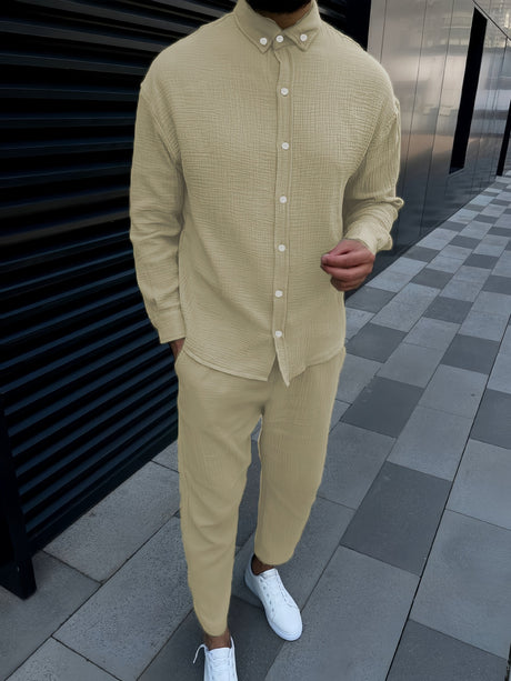 European And American Autumn Men's Wrinkle Bubble Casual Suit Long Sleeve Tooling Trousers - Lootquake
