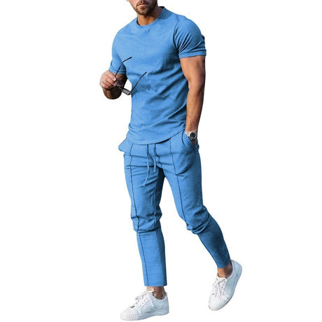 Solid Color Casual Round Neck Short Sleeves T-shirt Trousers Two-piece Set - Lootquake