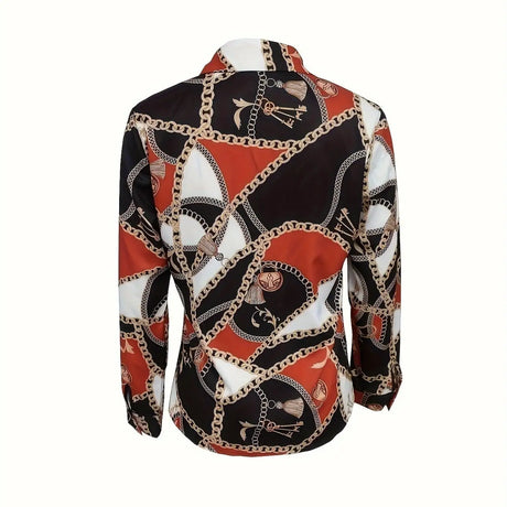 Ladies' Sexy Button Up Shirt With Fashionable Chain Print V-neck Lapel Long Sleeved Top - Lootquake