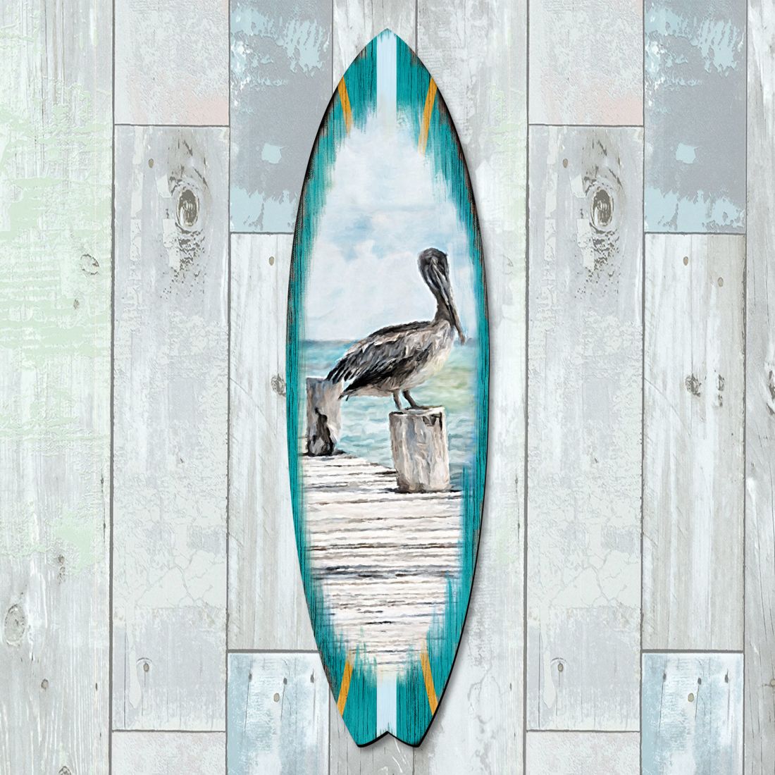 Tabla de surf de pelícano, arte costero para puerta de G. DeBrekht - Decoración costera con vida marina - 8490107HS