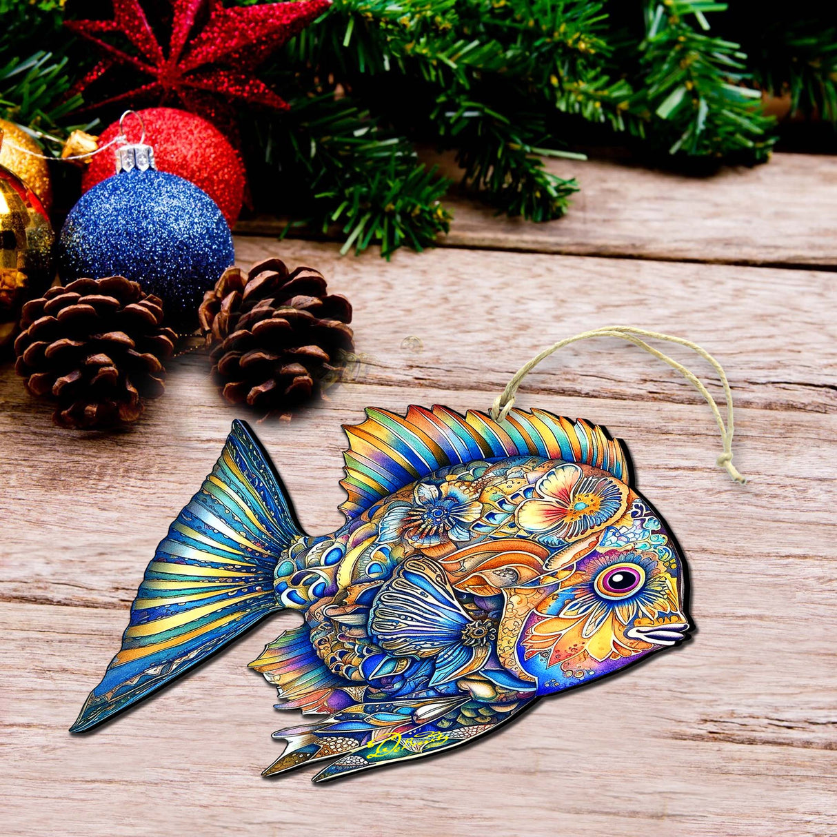 Beach Themed Ornaments - Cerulean Serenity Fish Wooden Ornaments by G.Debrekht Coastal Holiday Decor - 8688304