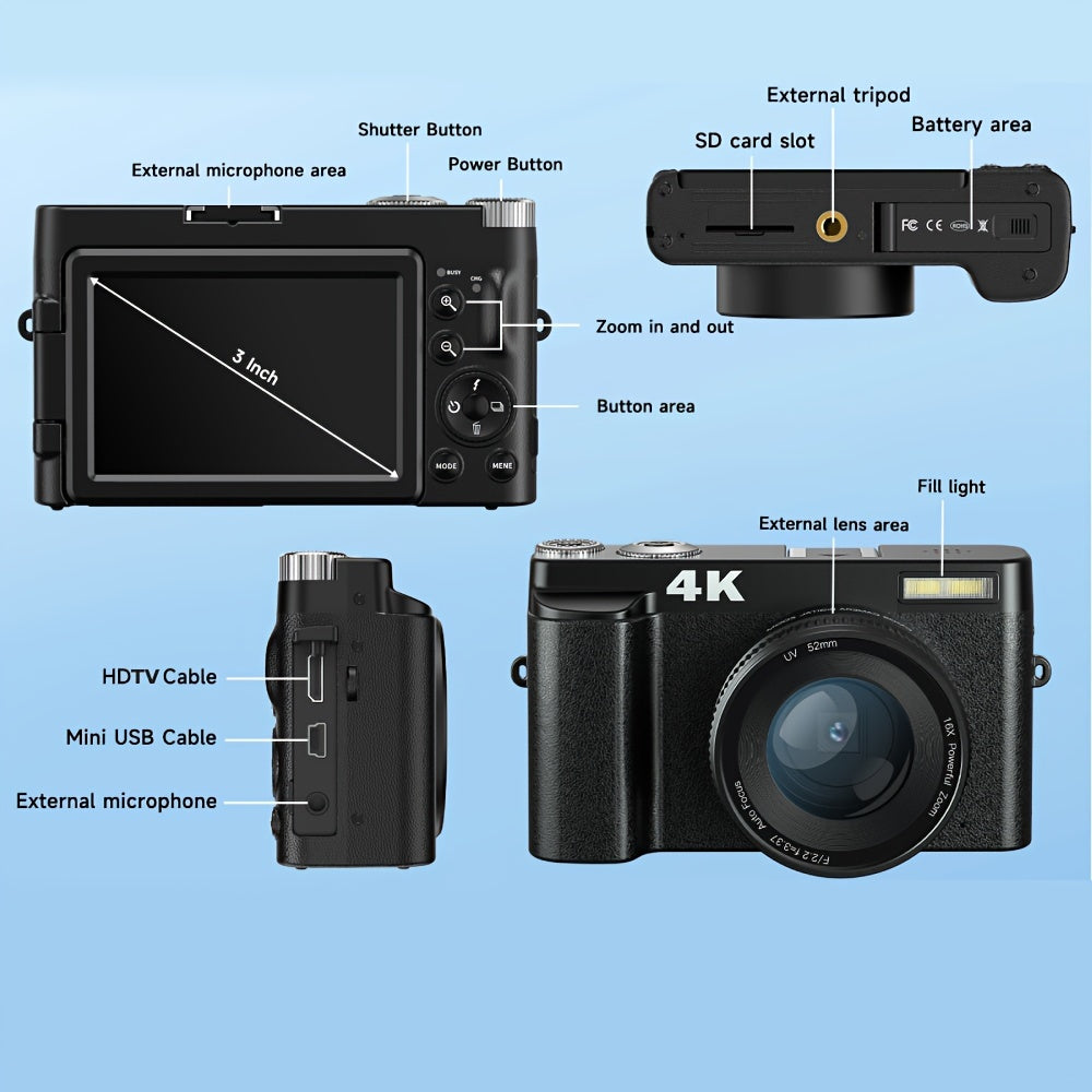 Cámara digital 4K de 48 MP, pantalla abatible de 3", enfoque automático, antivibración y zoom de 16x para fotografía y vídeo.