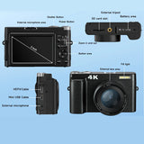 Cámara digital 4K de 48 MP, pantalla abatible de 3", enfoque automático, antivibración y zoom de 16x para fotografía y vídeo.