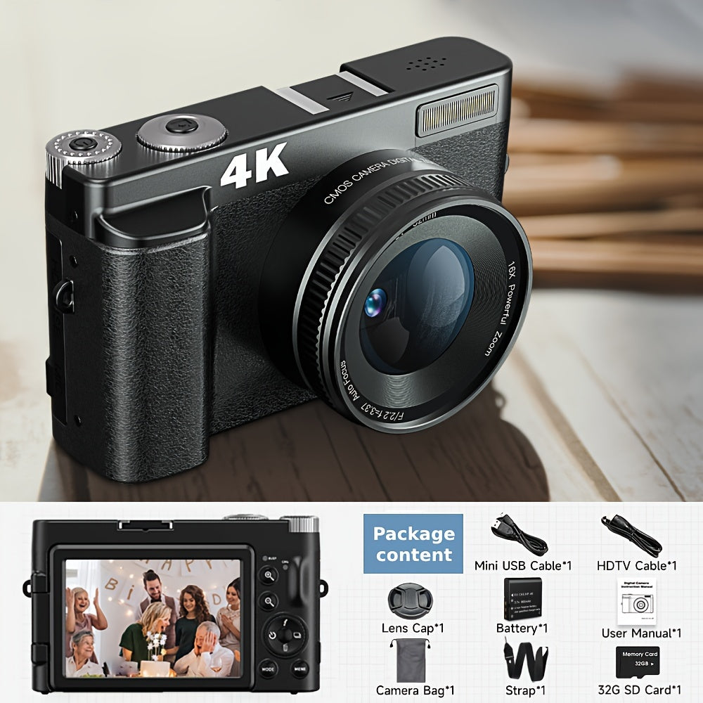 Cámara digital 4K de 48 MP, pantalla abatible de 3", enfoque automático, antivibración y zoom de 16x para fotografía y vídeo.