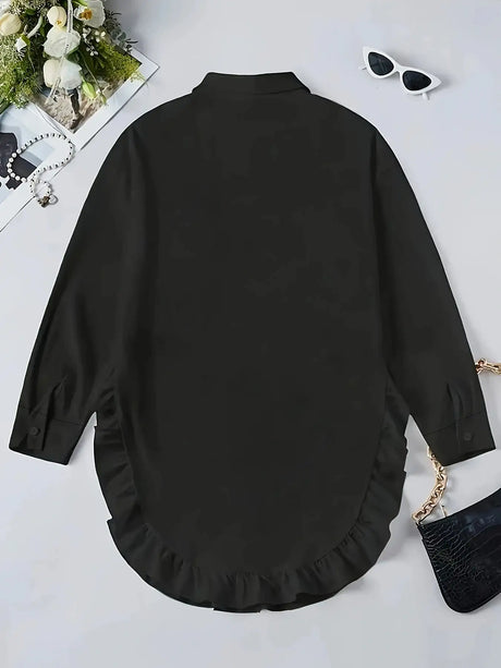 Hem Ruffled Casual Long Sleeve Shirt - Lootquake