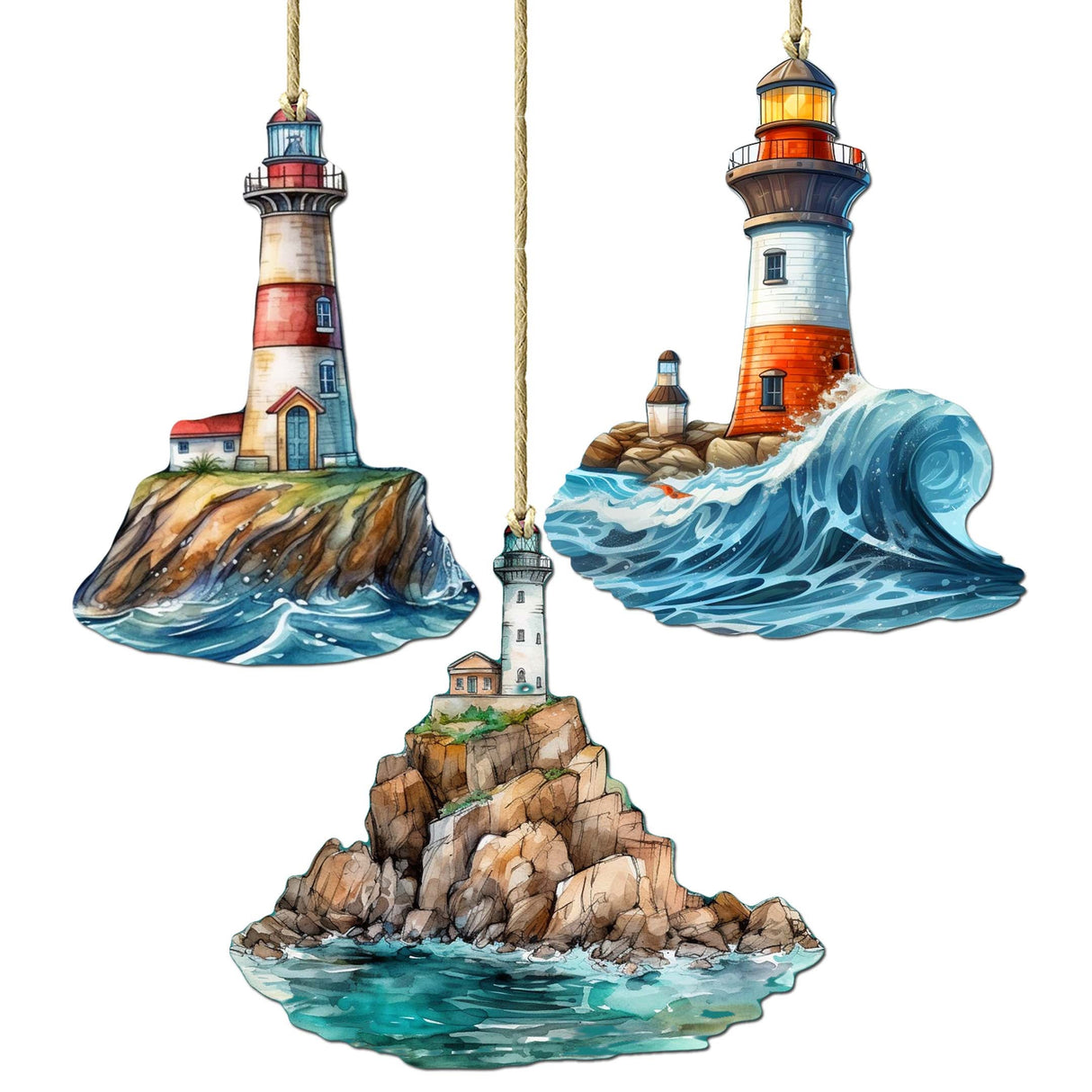Lighthouse Decorative Wooden Ornaments Set of 3 by G. Debrekht - Coastal Decor - 8091022-S3