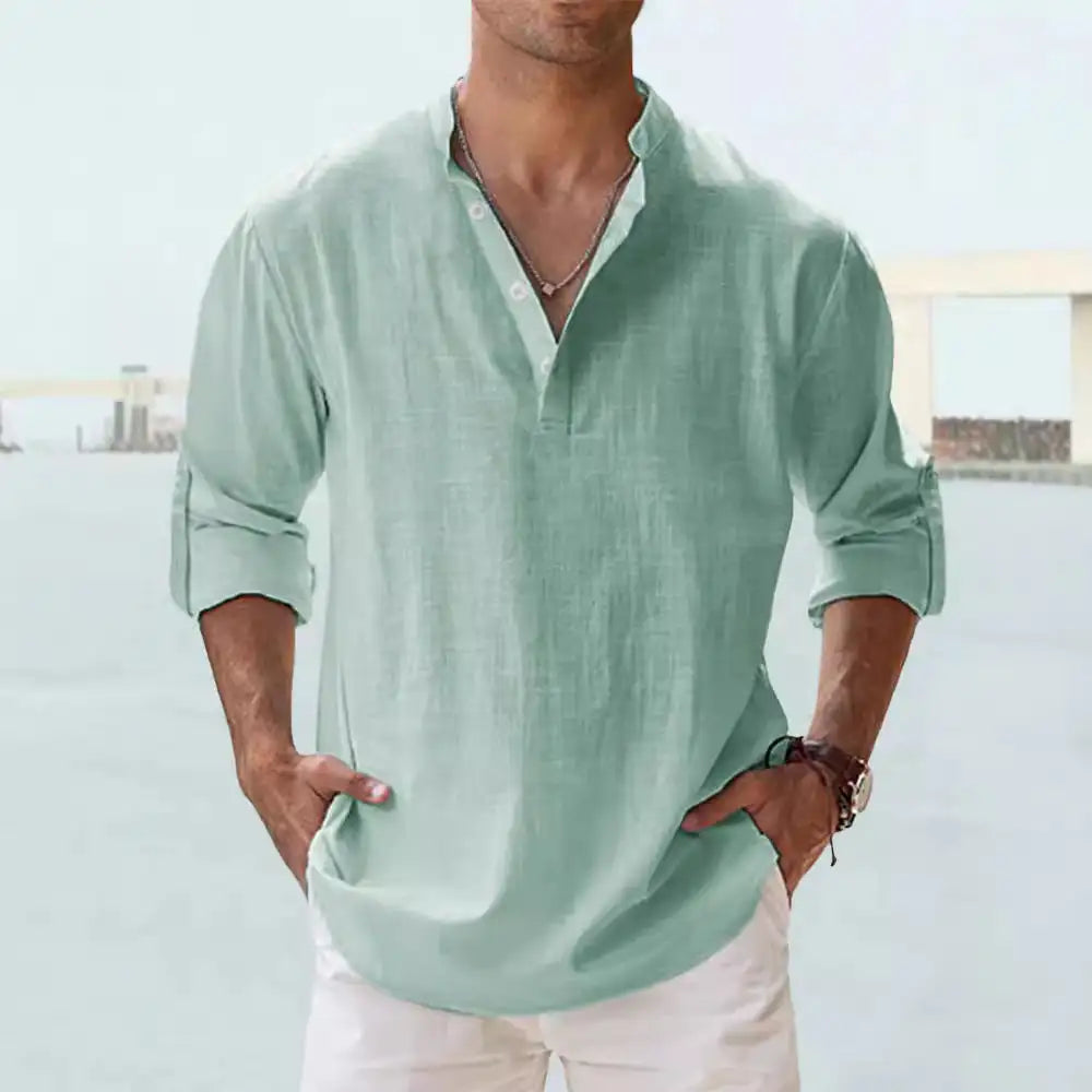 Men's Linen Stand-up Collar Long Sleeve T-shirt Loose Undershirt - Lootquake