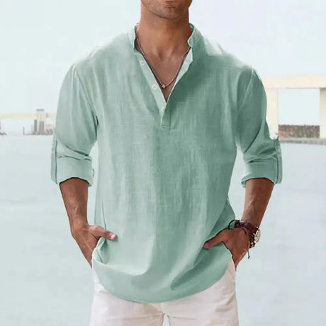 Men's Linen Stand-up Collar Long Sleeve T-shirt Loose Undershirt - Lootquake
