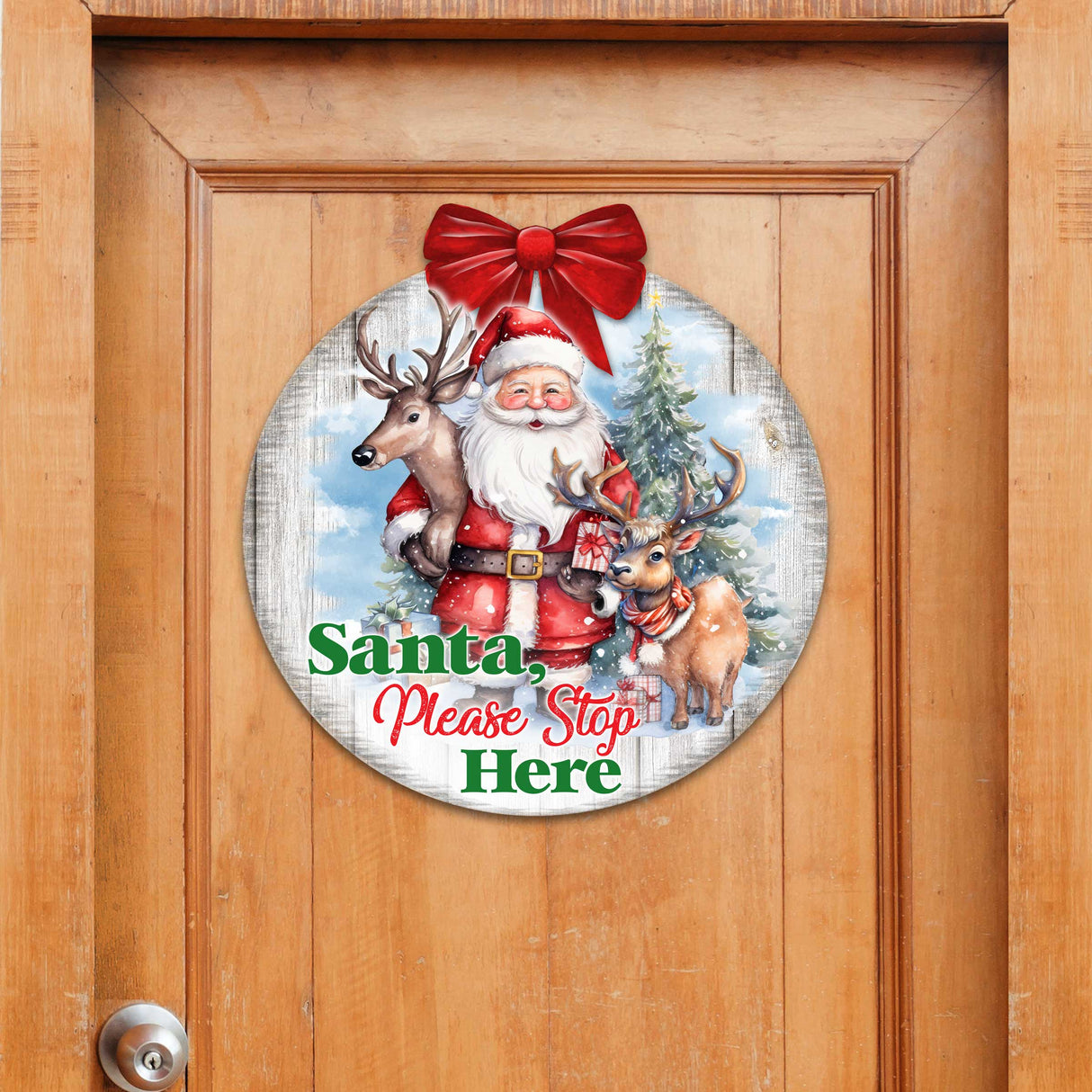Letrero de Papá Noel, por favor, deténgase aquí. Letrero de bienvenida para la puerta principal. Pancarta de entrada principal. Letrero de bienvenida - Decoración de porche delantero de madera - 933116H
