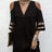 Ladies' Abstract Printed Color Blocked Off Shoulder Contrasting Mesh Casual Dress - Lootquake