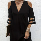 Ladies' Abstract Printed Color Blocked Off Shoulder Contrasting Mesh Casual Dress - Lootquake