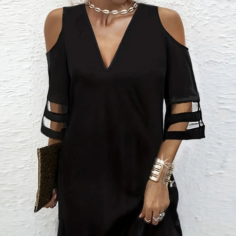 Ladies' Abstract Printed Color Blocked Off Shoulder Contrasting Mesh Casual Dress - Lootquake