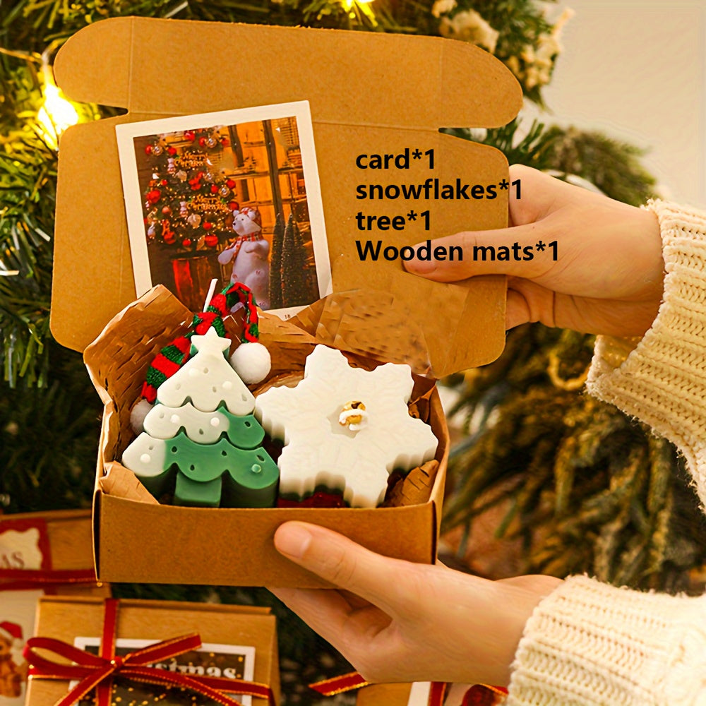 Christmas Scented Candle Gift Set - Creative Holiday Fragrance Box with Wooden Board & Card, Soy Wax, Ribbon Accents