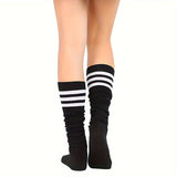 2 pares de medias altas hasta el muslo con rayas retro - Estilo universitario de moda - Calcetines suaves y elásticos por encima de la rodilla para el armario de una mujer