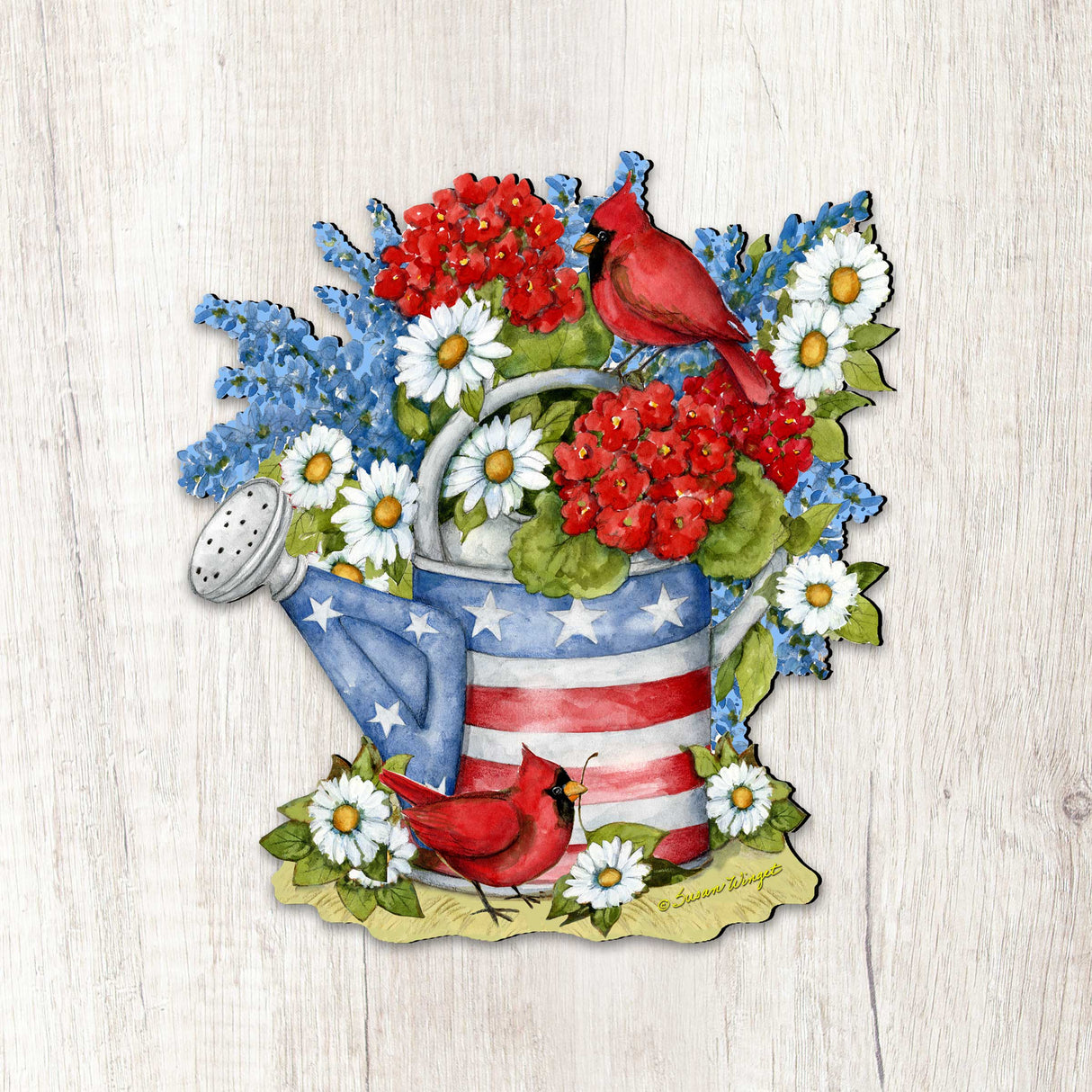 Patriotic Outdoor Garden Decor - American Watering Can Stakes - Front Yard Red and Blue Pot - Flowerpot Sign by Susan Winget - Handmade Gift - Rustic Adornment - 8471212M-SW