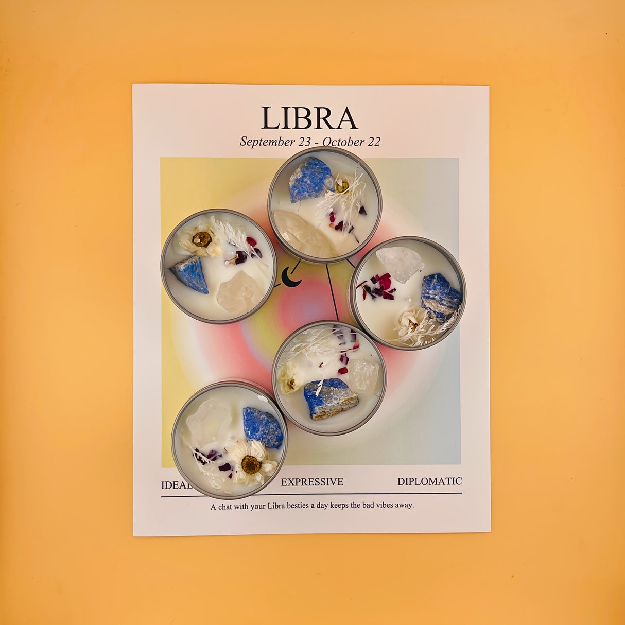 Bougie parfumée artisanale du signe du zodiaque Balance avec fleurs séchées et parfum de carillon éolien bleu - Idéale pour la méditation, le yoga et le tarot - Cadeau parfait pour Noël, Halloween, Pâques et le Nouvel An -