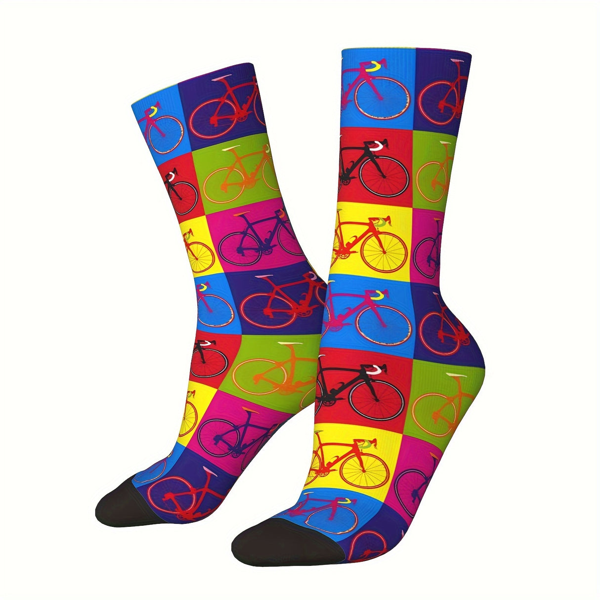 1 Pair of Vibrant Geometric-Patterned Mens Crew Socks - Breathable, Comfy, Casual, Unisex for Outdoor Wearing All Seasons - Soft Polyester Knit Fabric, Novelty Design for Fashion-Forward Guys