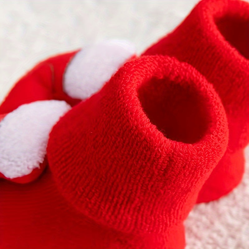 1 par de calcetines navideños para niña, adorables accesorios navideños con dibujos en 3D, calcetines gruesos de algodón con lazo, calcetines rojos antideslizantes.