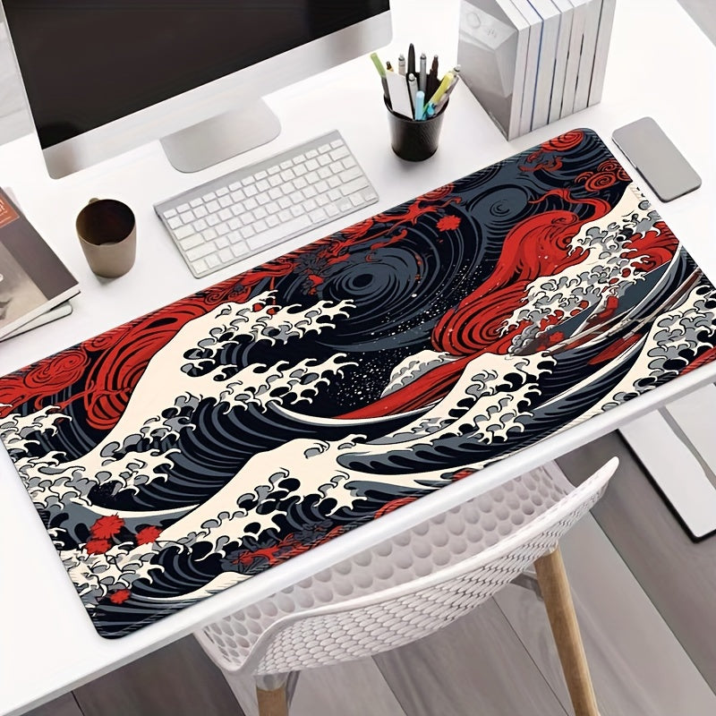 Grand tapis de souris de jeu Red Wave – Tapis de bureau en caoutchouc antidérapant avec bords cousus avec précision, lavable, forme rectangulaire oblongue pour l'eSport et le bureau