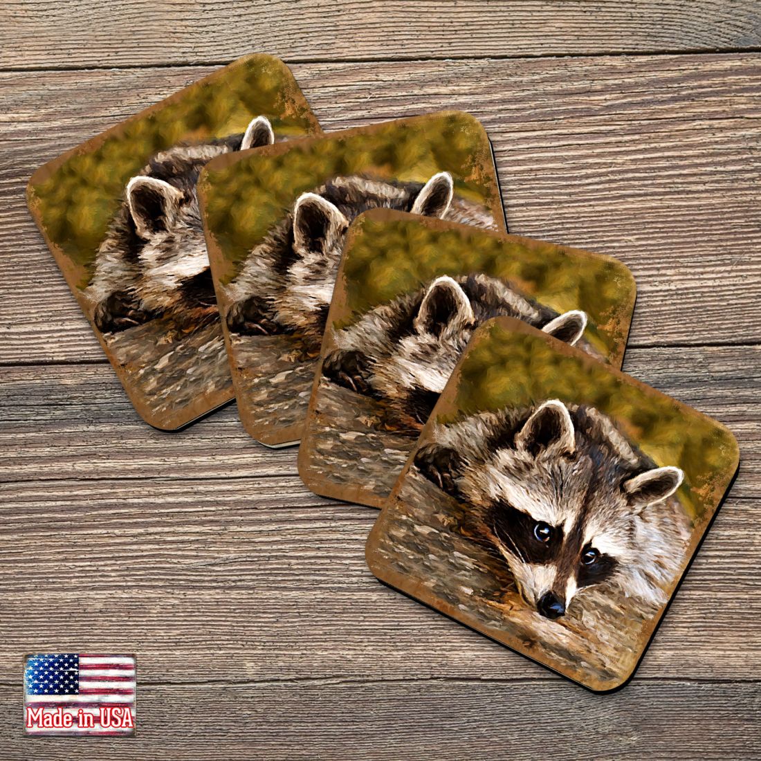 Raccoon Wooden Cork Coasters Gift Set of 4 by Nature Wonders - Nature Wildlife Decor  - 95289C-S4