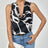 Ladies' Striped Printed Deep V-neck Off Shoulder Pleated Decorative Fashion Vest - Lootquake