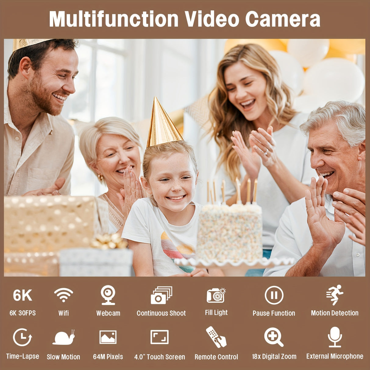 Cámara de video 6K de 64 MP con zoom de 18x, visión nocturna por infrarrojos, pantalla táctil de 4 pulgadas, wifi, micrófono y control remoto.