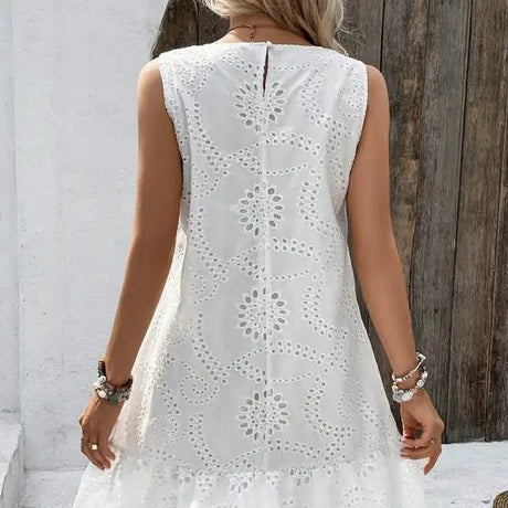 Ladies' Solid Color Vacation Style Hollow Flower Pattern Details Round Neck Off Shoulder Wide Shoulder Strap Mushroom Edge Hanging Pleat Elegant Style Dress - Lootquake