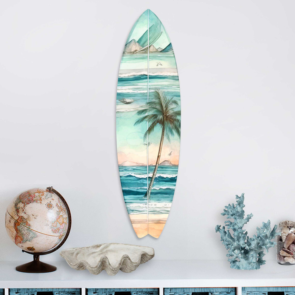 Tabla de surf con palmeras tropicales, arte mural costero de G. DeBrekht - Decoración costera navideña - 8490112HS