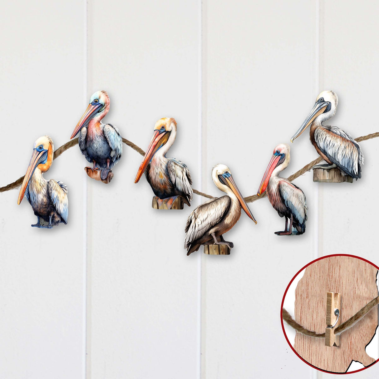 Pelicans Decorative Wooden Clip-on Ornaments of 6 by G. Debrekht - Christmas Decor - 8090014C-S6