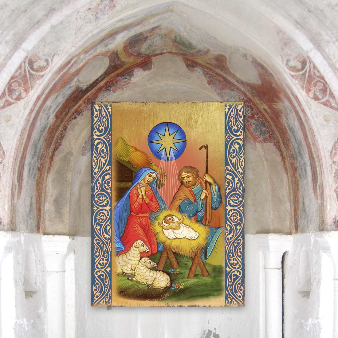 Nativity Birth Wooden Gold Plated Religious Orthodox Sacred Icon - Inspirational Icon Decor - 85019