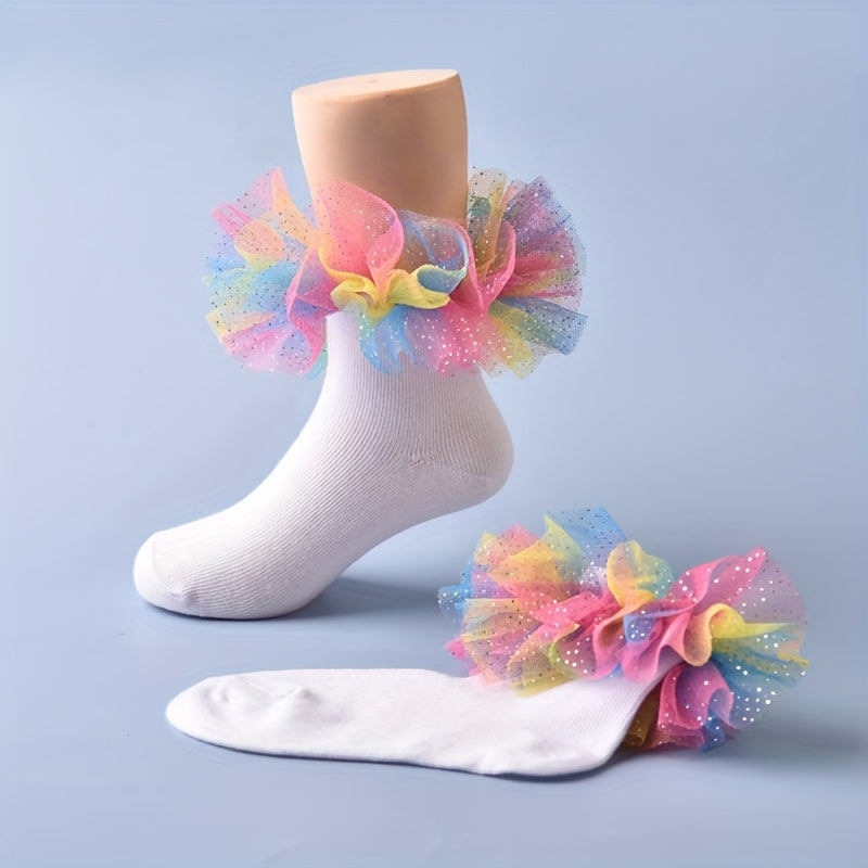 1 par de calcetines de encaje suave con volantes para niñas - Ribete de volantes esponjoso para un adorable look de baile de princesa - Calcetines cómodos de mezcla de algodón