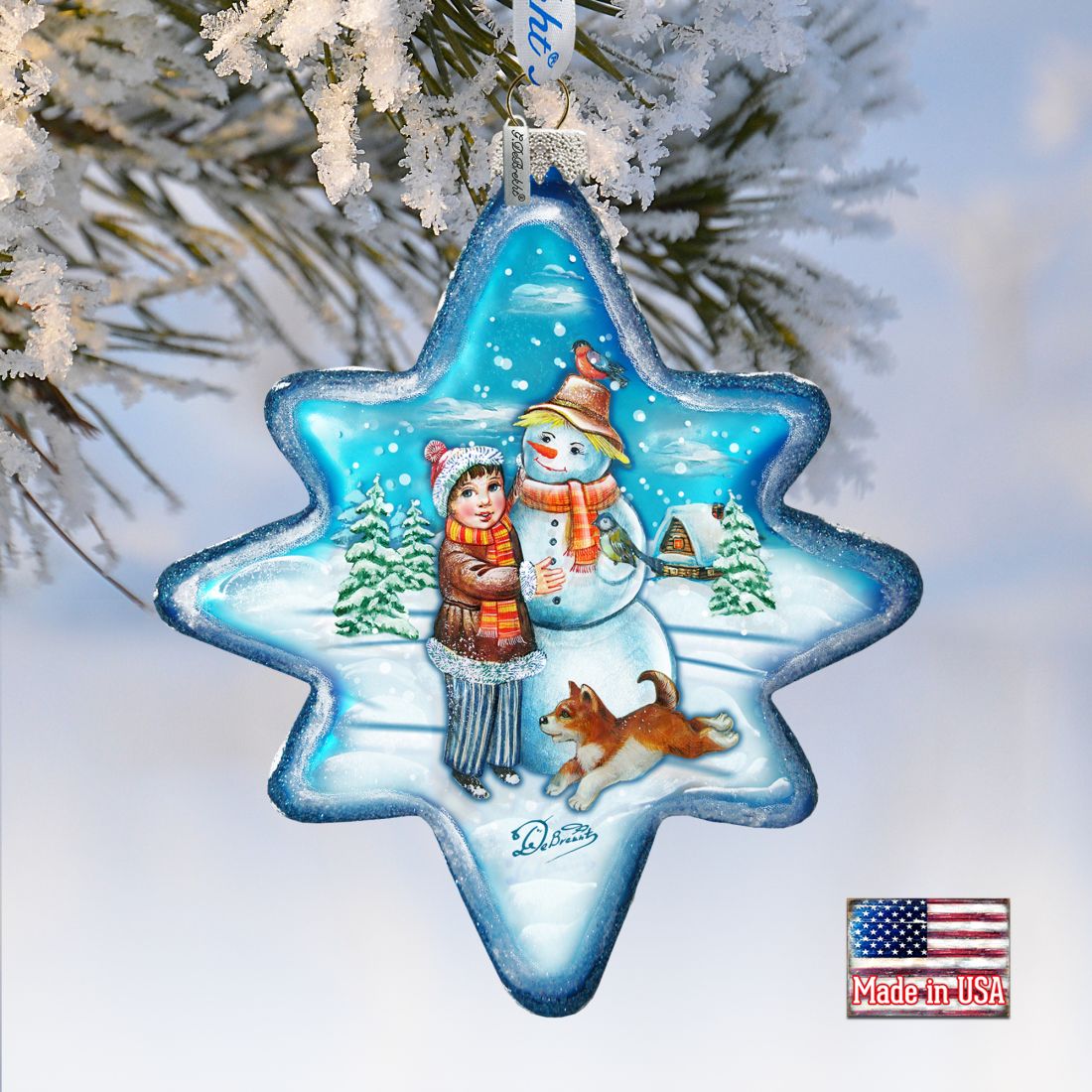 Build A Snowman North Star Glass Ornament by G. DeBrekht - Christmas Santa Snowman Decor - 755-009