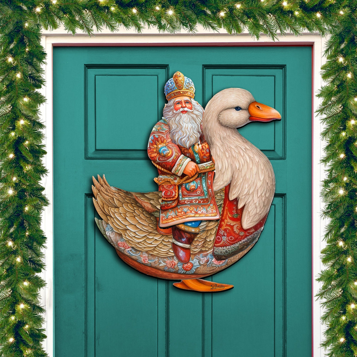 Charming Santa Riding Goose Holiday Door Decor by G. Debrekht - Christmas Santa Snowman Decor - 8611063H